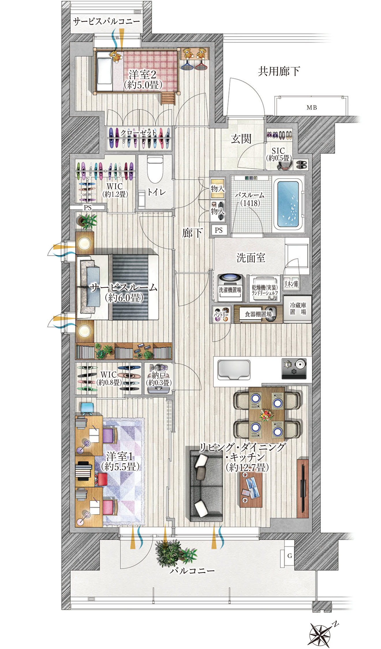 E type 家具入り間取り図